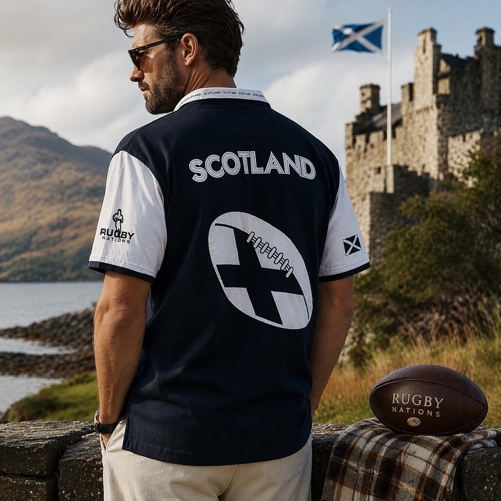 Scotland Rugby Nations Polo Shirt 2XL NWT Navy White Striped Thistle Logo Mens